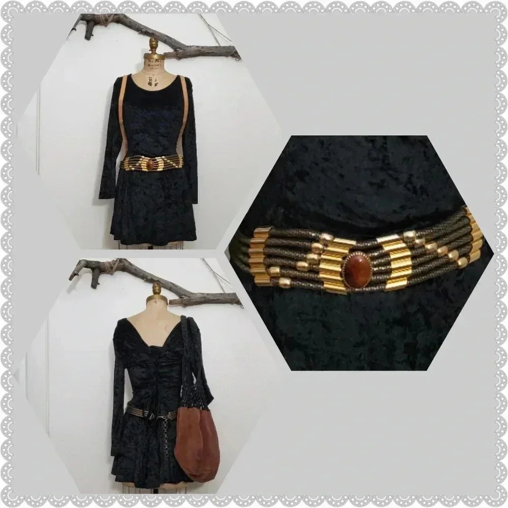 Vintage Snake Braided Jewel Brown Stone Gold Art Deco Chain Festival Boho Belt